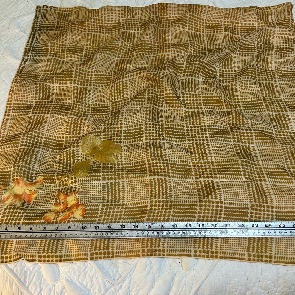 Vintage Plaid Scarf in Brown and Tan with floral accent. 31 in square.Maybe silk